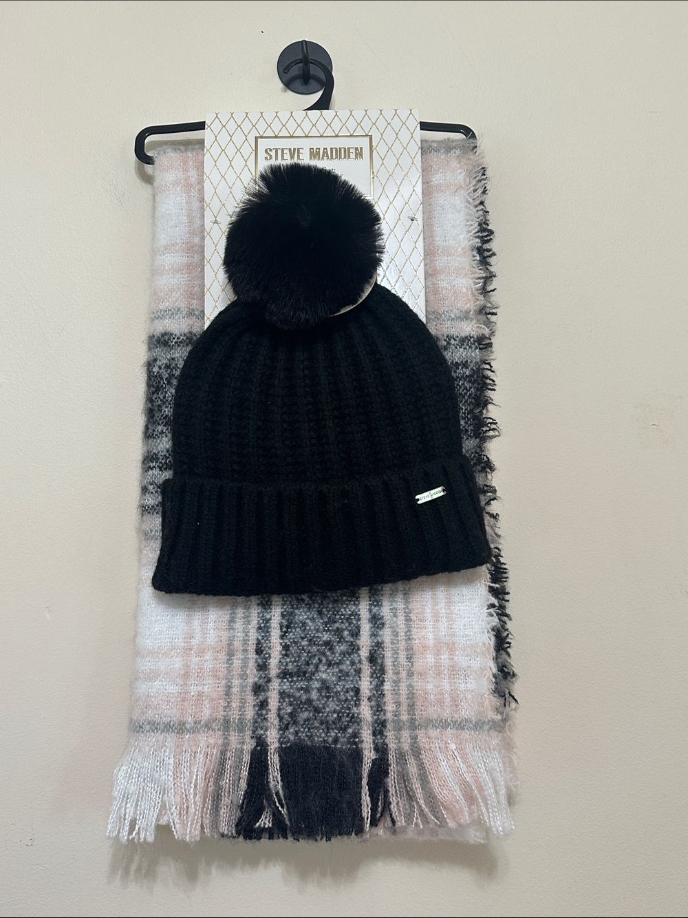 Steve Madden 2 Piece Set: Black Pom-Pom Beanie & Plaid Pink and Black Scarf